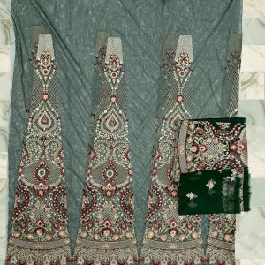 Thread and Motif Bottle Green Luxury Heavy Embroidered Net Unstitched Ghaghra Choli, Wedding & Party Wear, Grade A