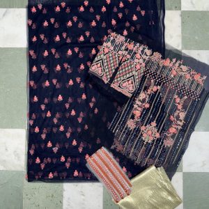 Thread & Motif Navy Blue Heavy Embroidered Net Unstitched Lehenga Choli Dupatta, Luxury Wedding & Party Wear, Grade A